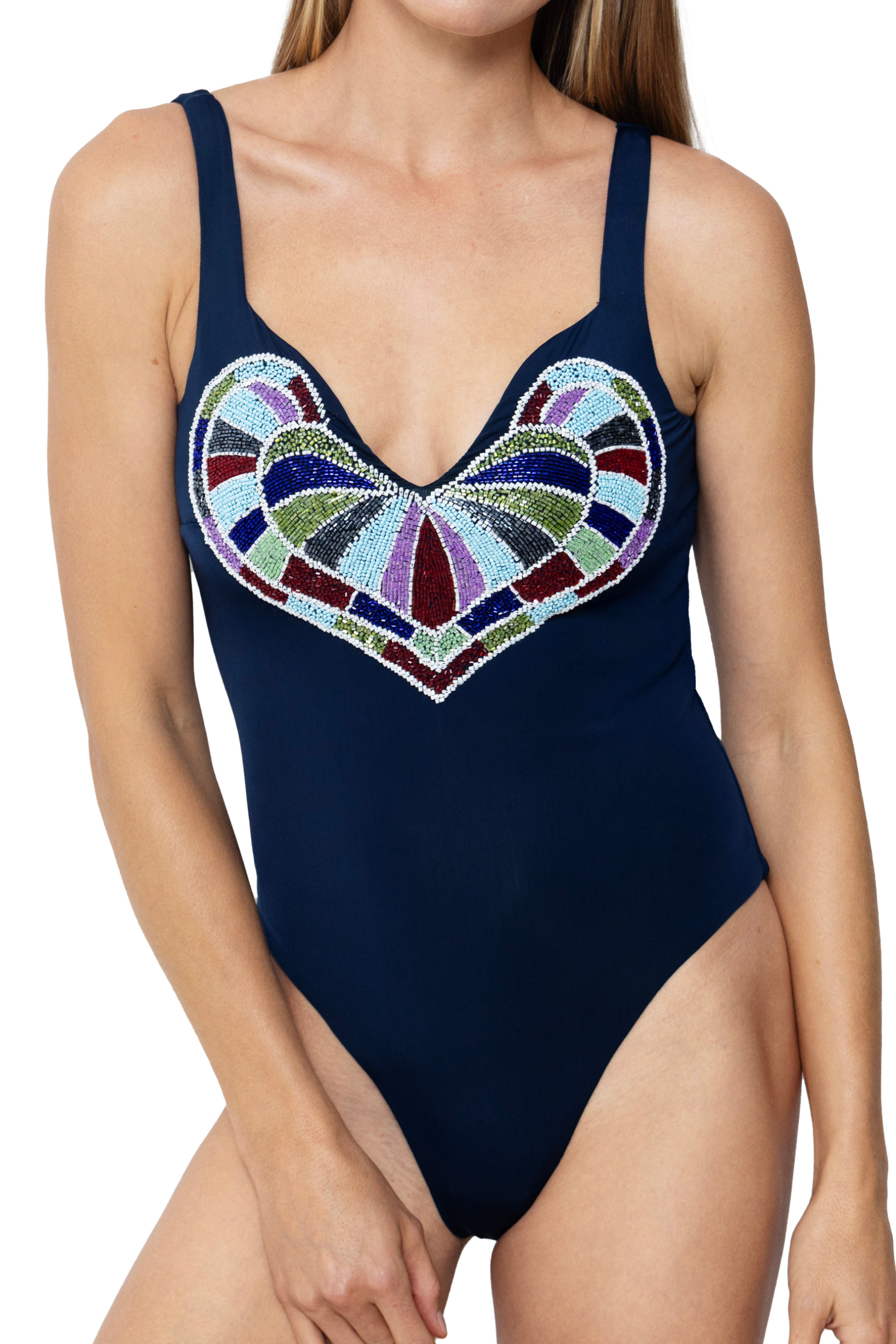 Amor Hand-Beaded Embellished One-Piece Swimsuit - Navy