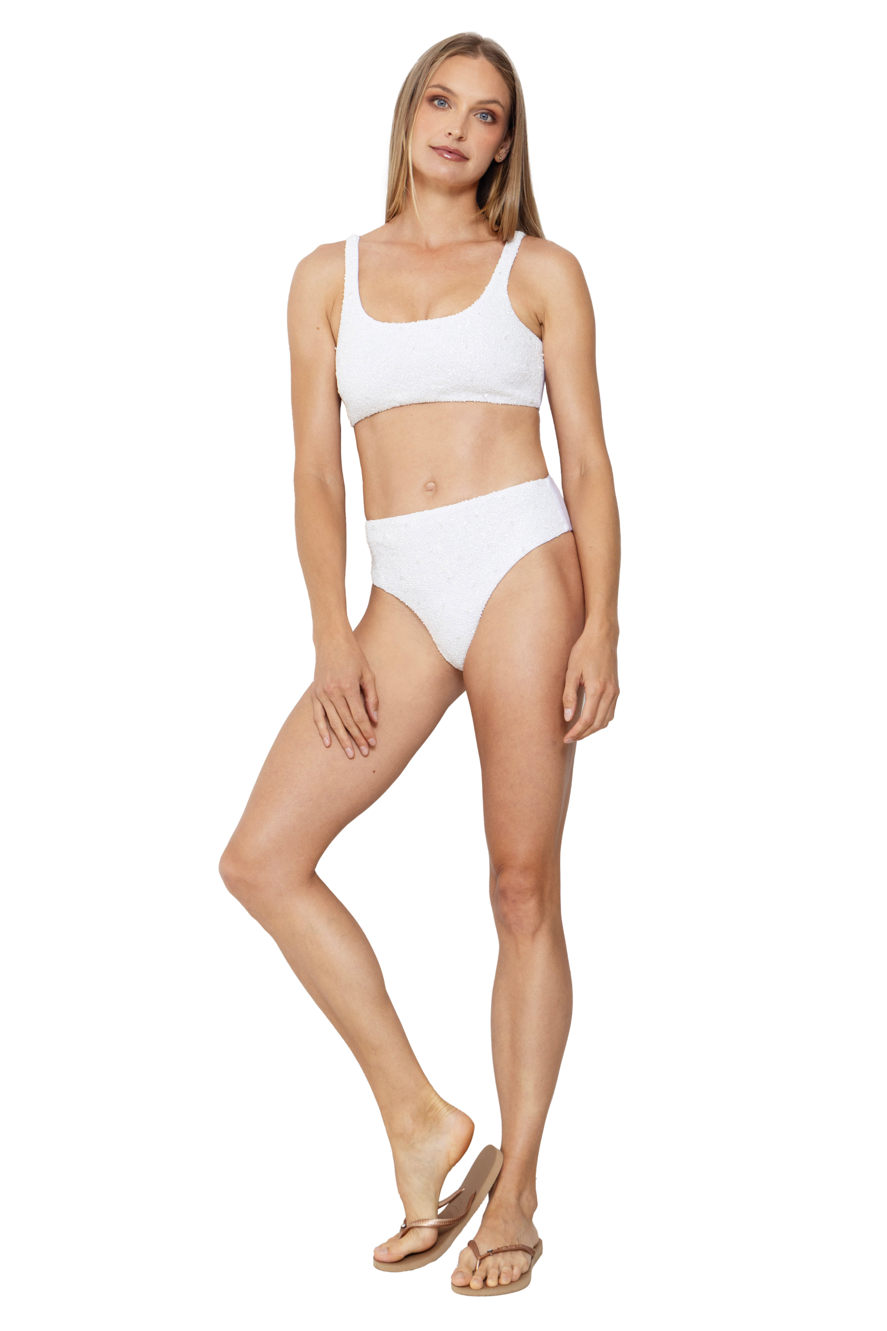 Eternal White Hand-Beaded Embellished High-Waisted Bikini Bottom