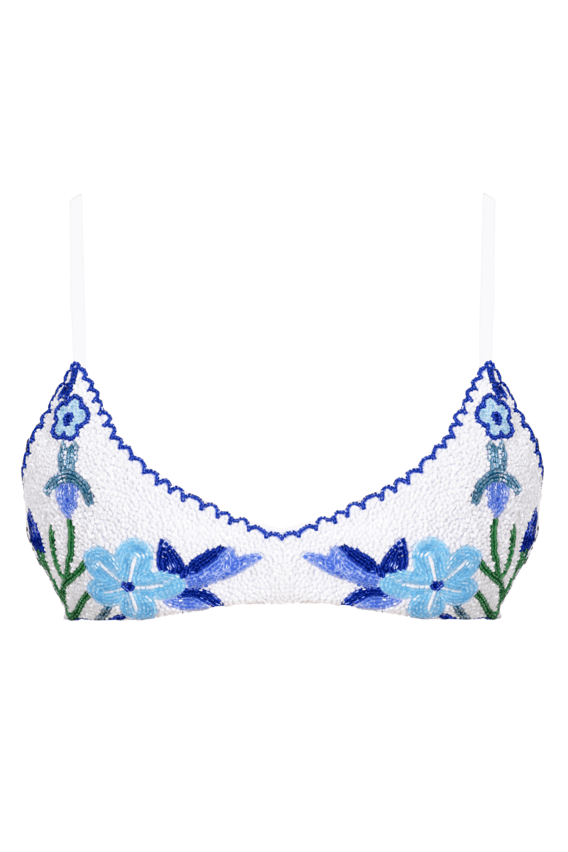 Euro Summer Hand - Beaded Embellished Bikini Top - White/Blue - Self - Adore