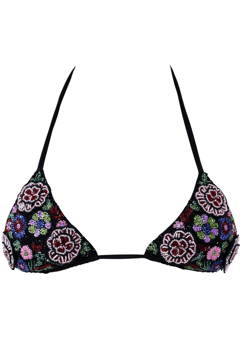Fleur 3D Hand - Beaded Embellished Bikini Top - Black - Self - Adore