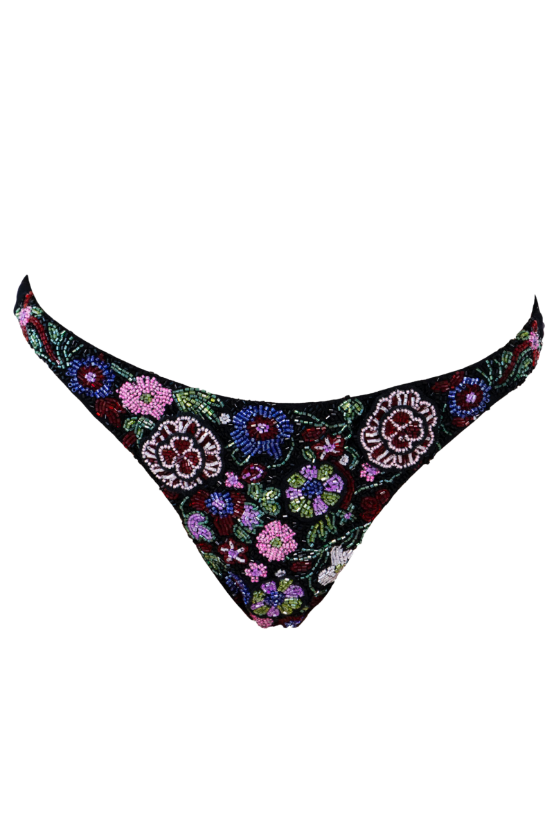 Fleur 3D Hand - Beaded Embellished Bikini Bottom - Black - Self - Adore