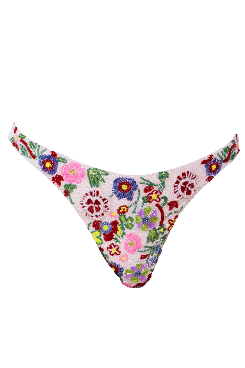 Fleur 3D Hand - Beaded Embellished Bikini Bottom - Pale Pink - Self - Adore