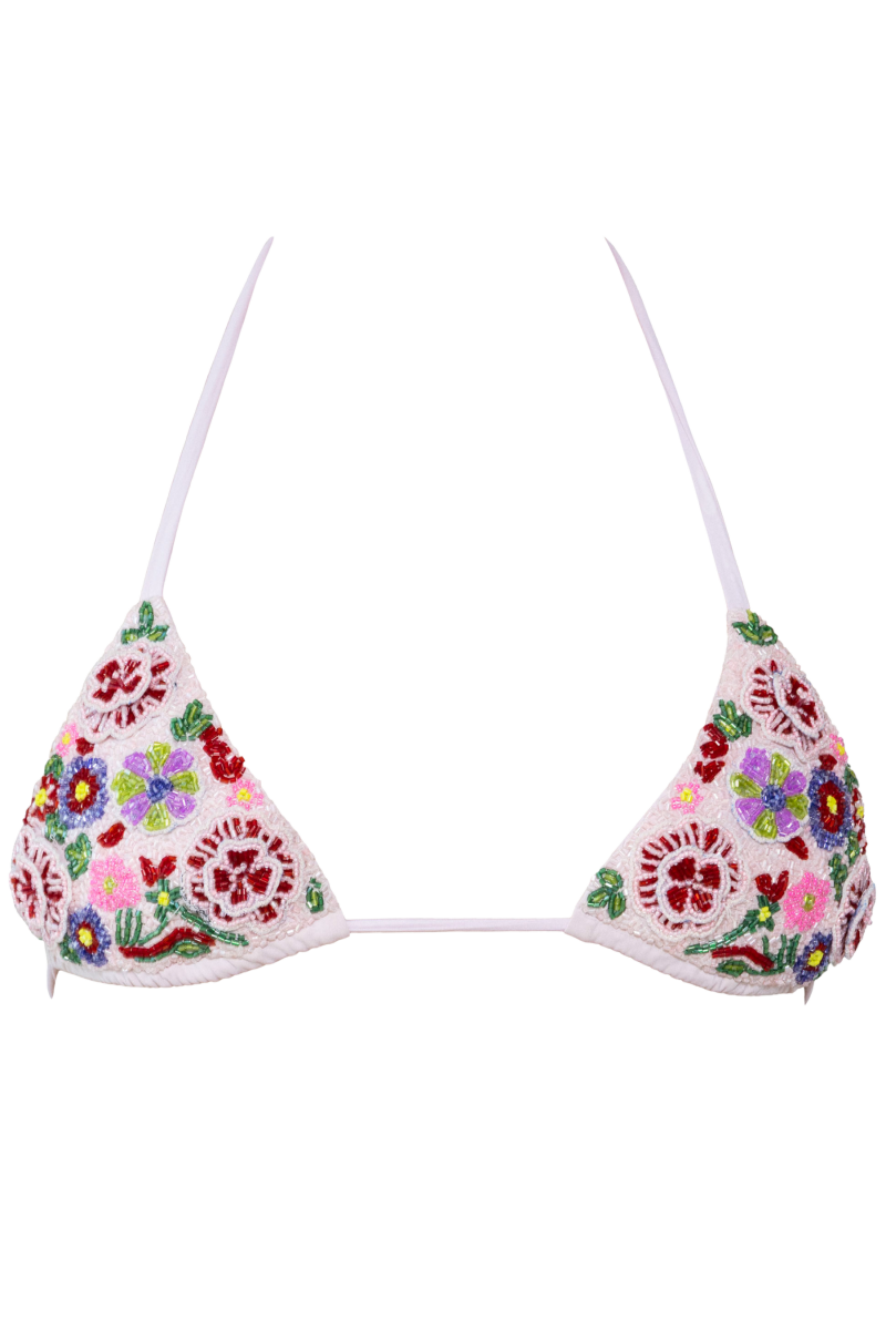 Fleur 3D Hand - Beaded Embellished Bikini Top - Pale Pink - Self - Adore