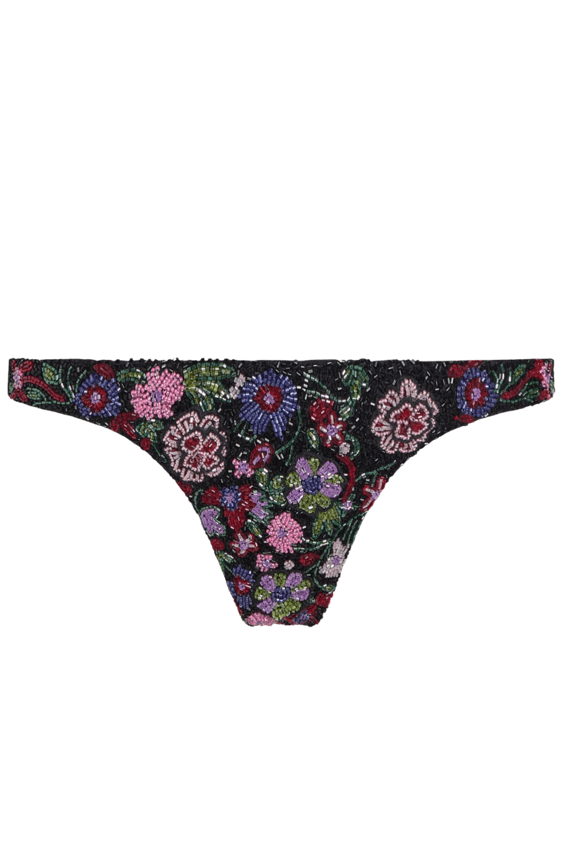 Fleur 3D Hand-Beaded Embellished Bikini Bottom - Black - Self-Adore