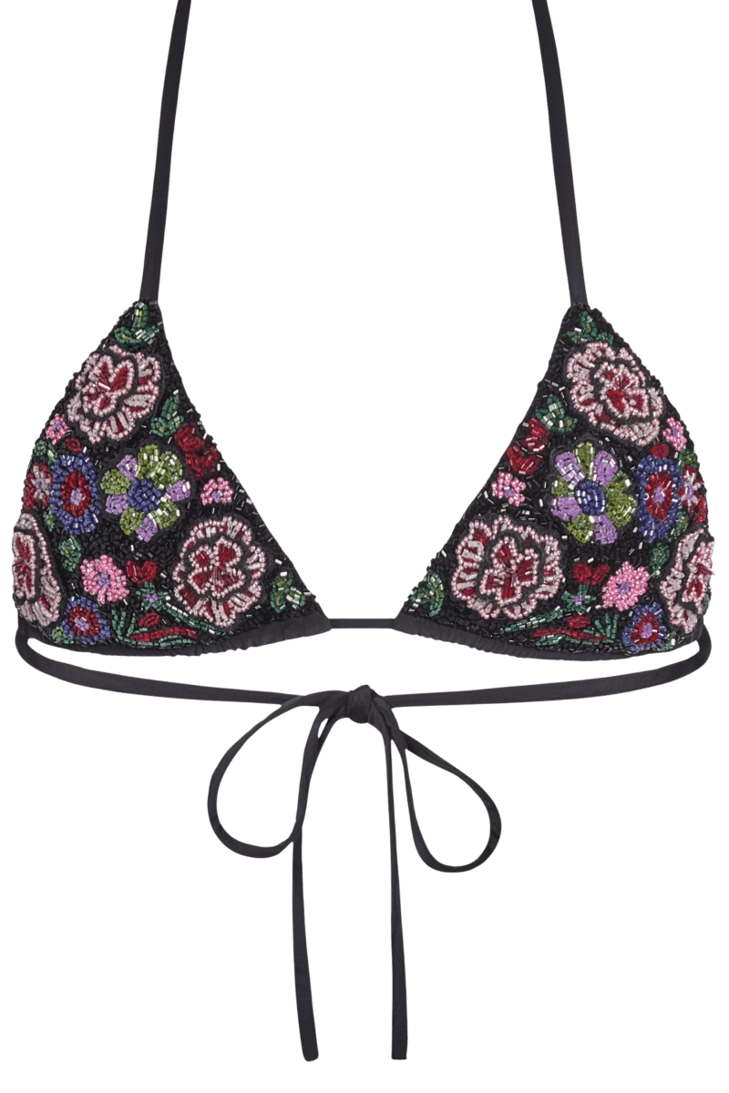 Fleur 3D Hand-Beaded Embellished Bikini Top - Black - Self-Adore