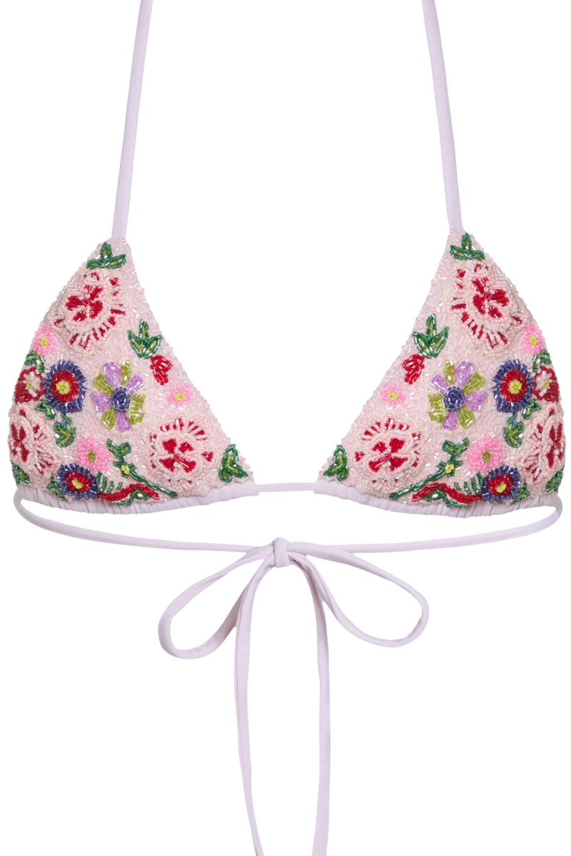 Fleur 3D Hand-Beaded Embellished Bikini Top - Pale Pink - Self-Adore
