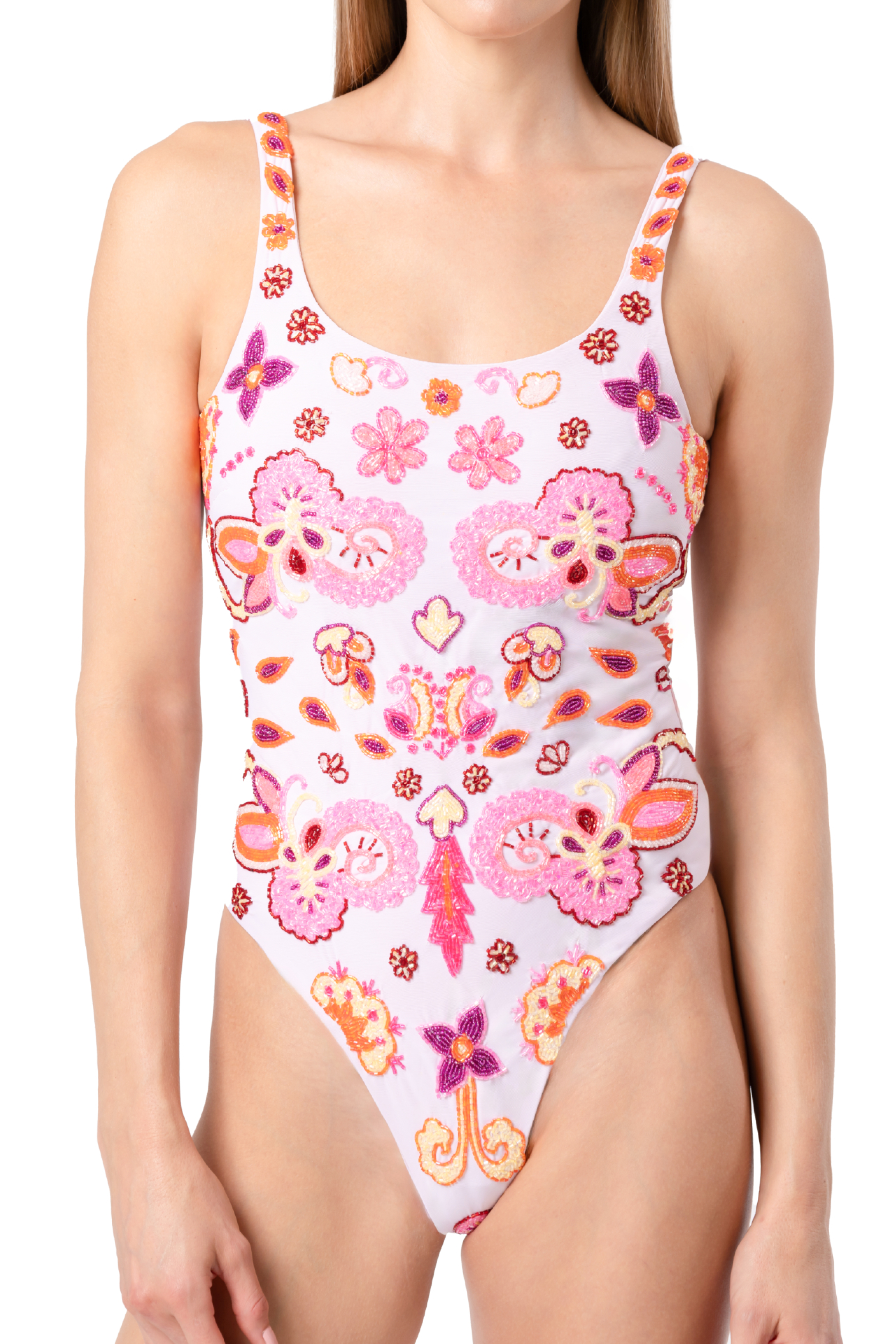 Floral Fiesta Hand-Beaded Embellished One-Piece Swimsuit- Pale Pink