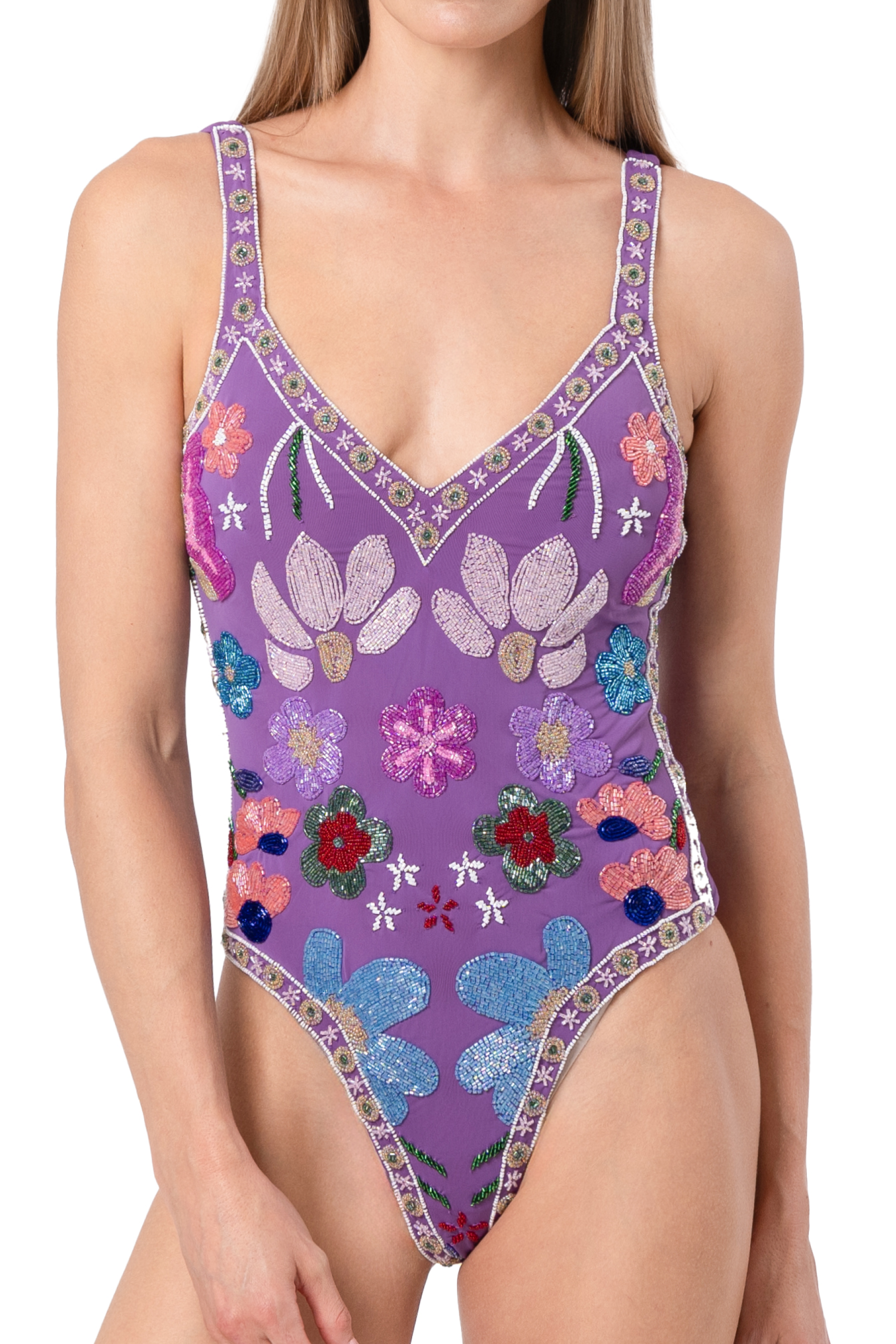 Flower Hand-Beaded Embellished One-Piece Swimsuit - Purple