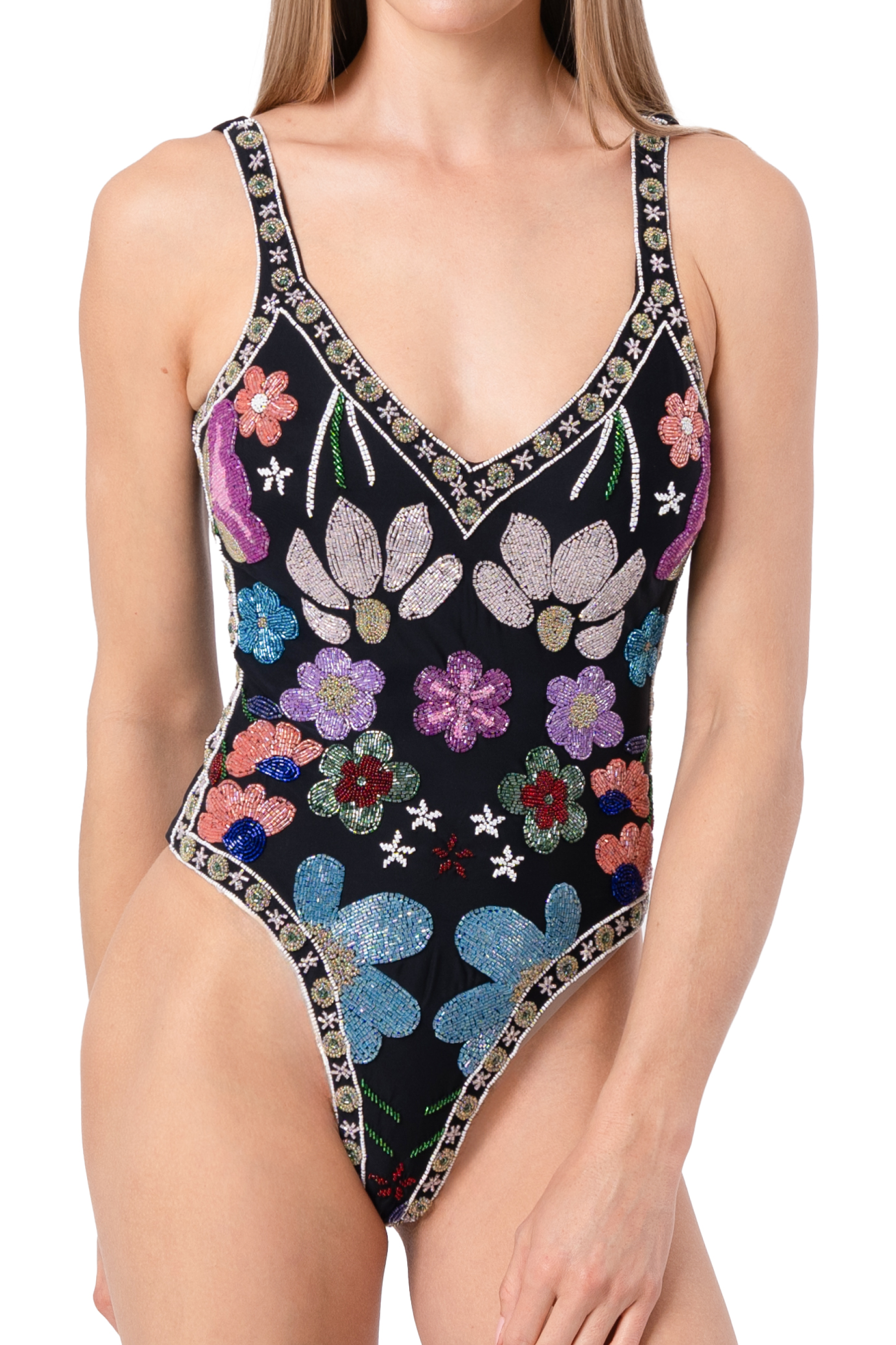 Flower Hand-Beaded Embellished One-Piece Swimsuit - Black