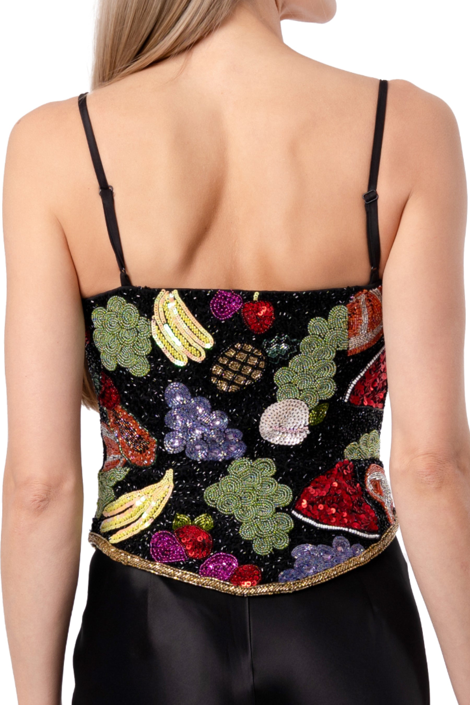 Fruit Hand-Beaded Embellished Corset Top - Black