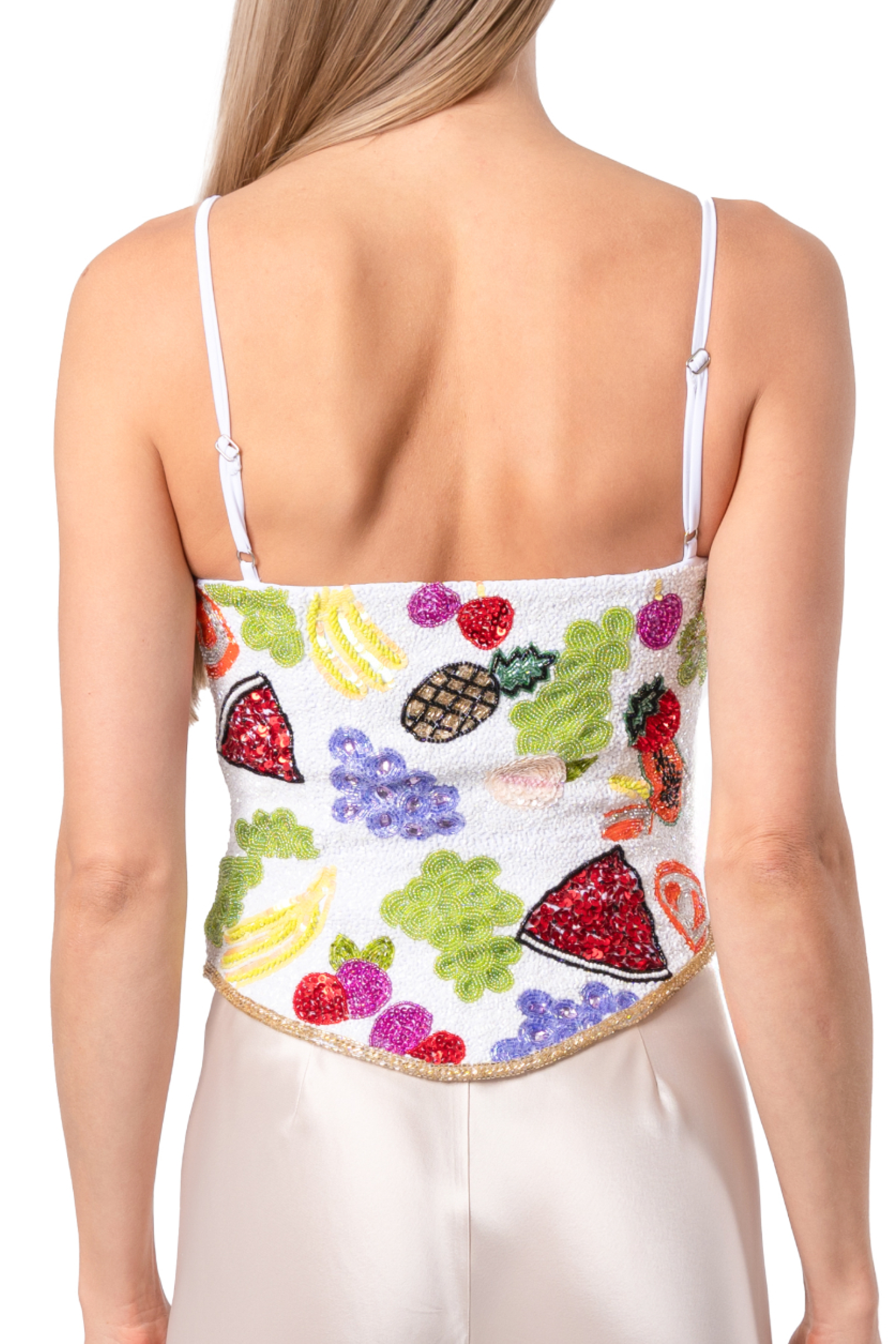 Fruit Hand-Beaded Embellished Corset Top - White