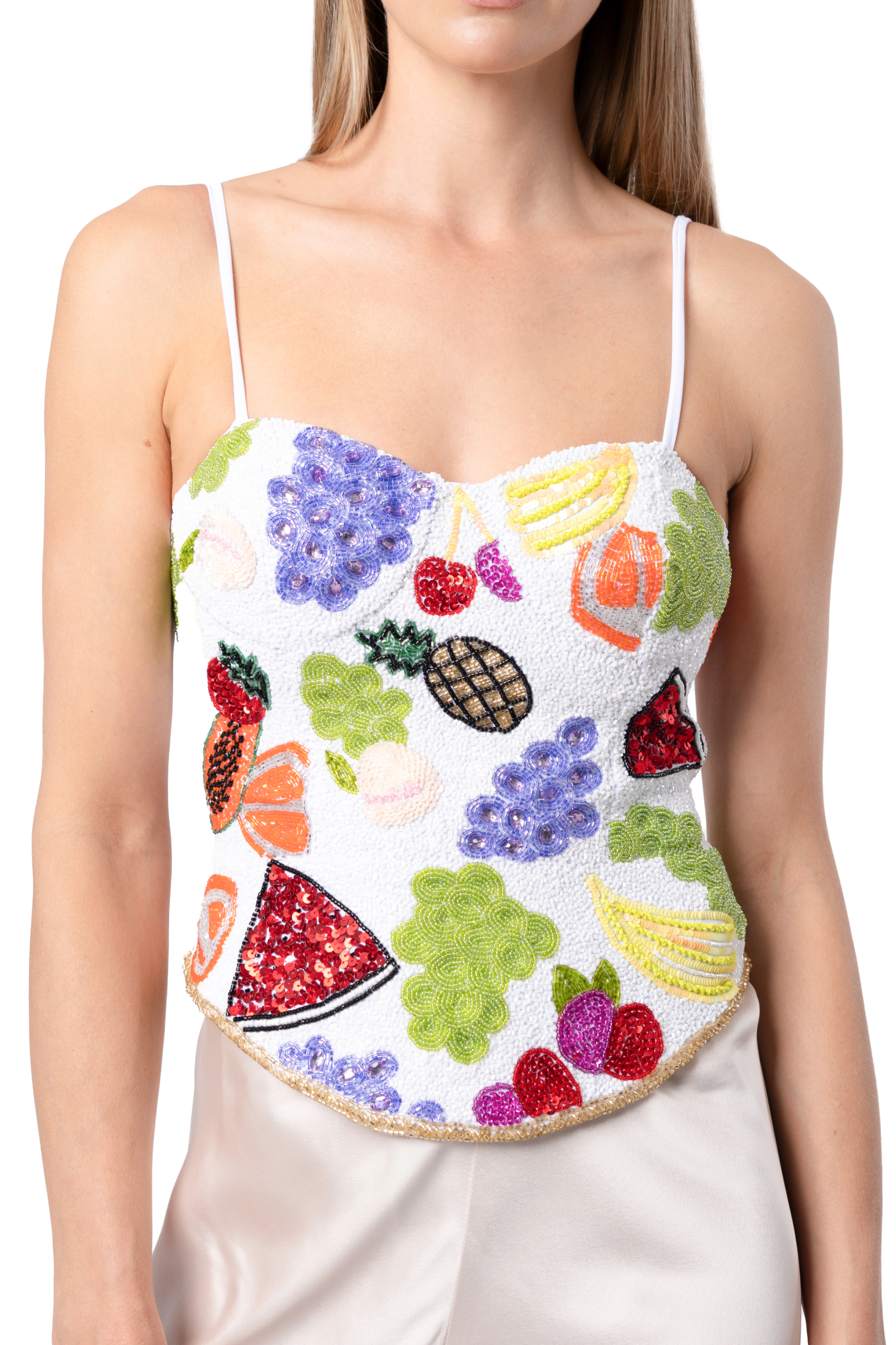 Fruit Hand-Beaded Embellished Corset Top - White