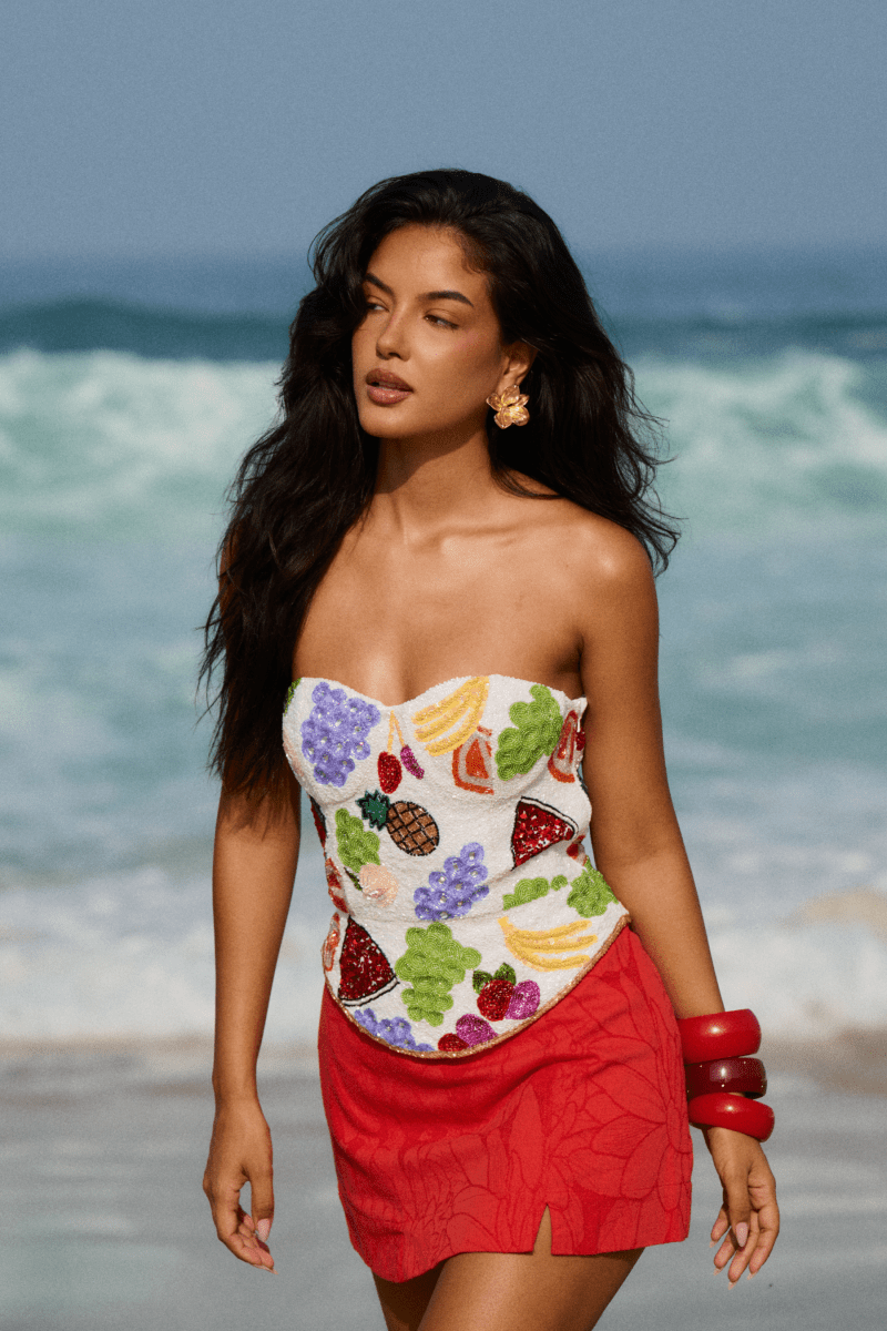 Fruit Hand - Beaded Embellished Corset Top - White - Self - Adore