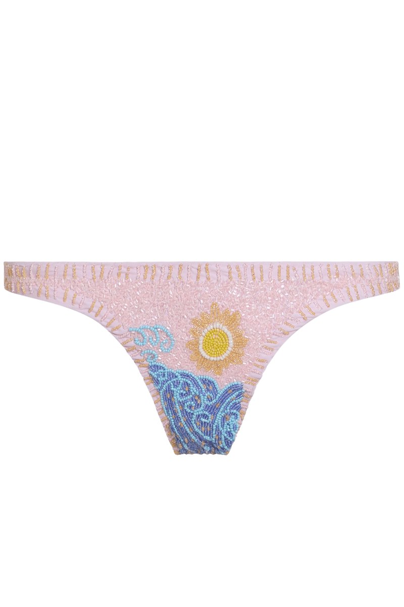 High Tide Hand-Beaded Embellished Bikini Bottom - Pale Pink - Self-Adore
