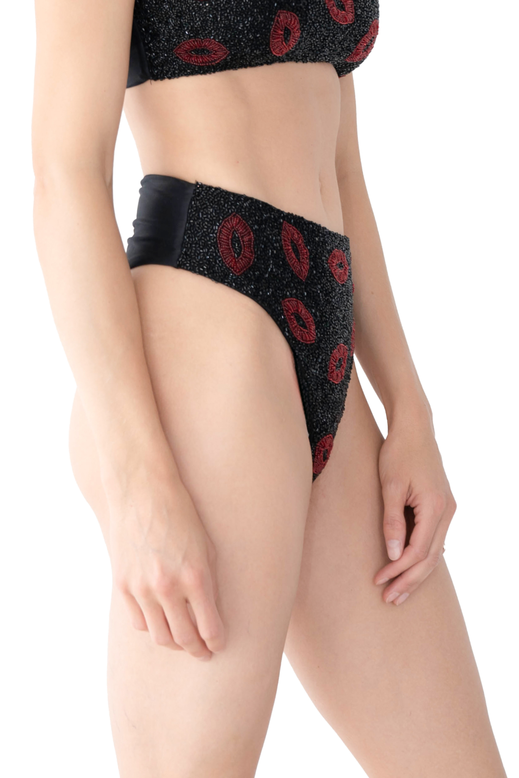 Kiss Hand-Beaded Embellished High-waisted Bikini Bottom - Black