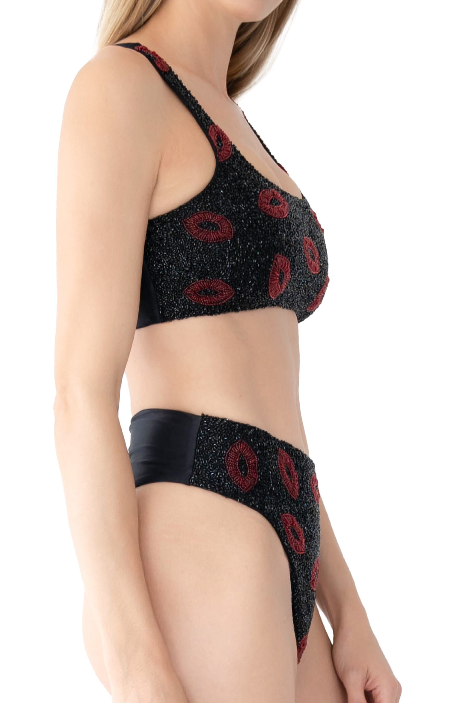 Kiss Hand-Beaded Embellished Bikini Top - Black