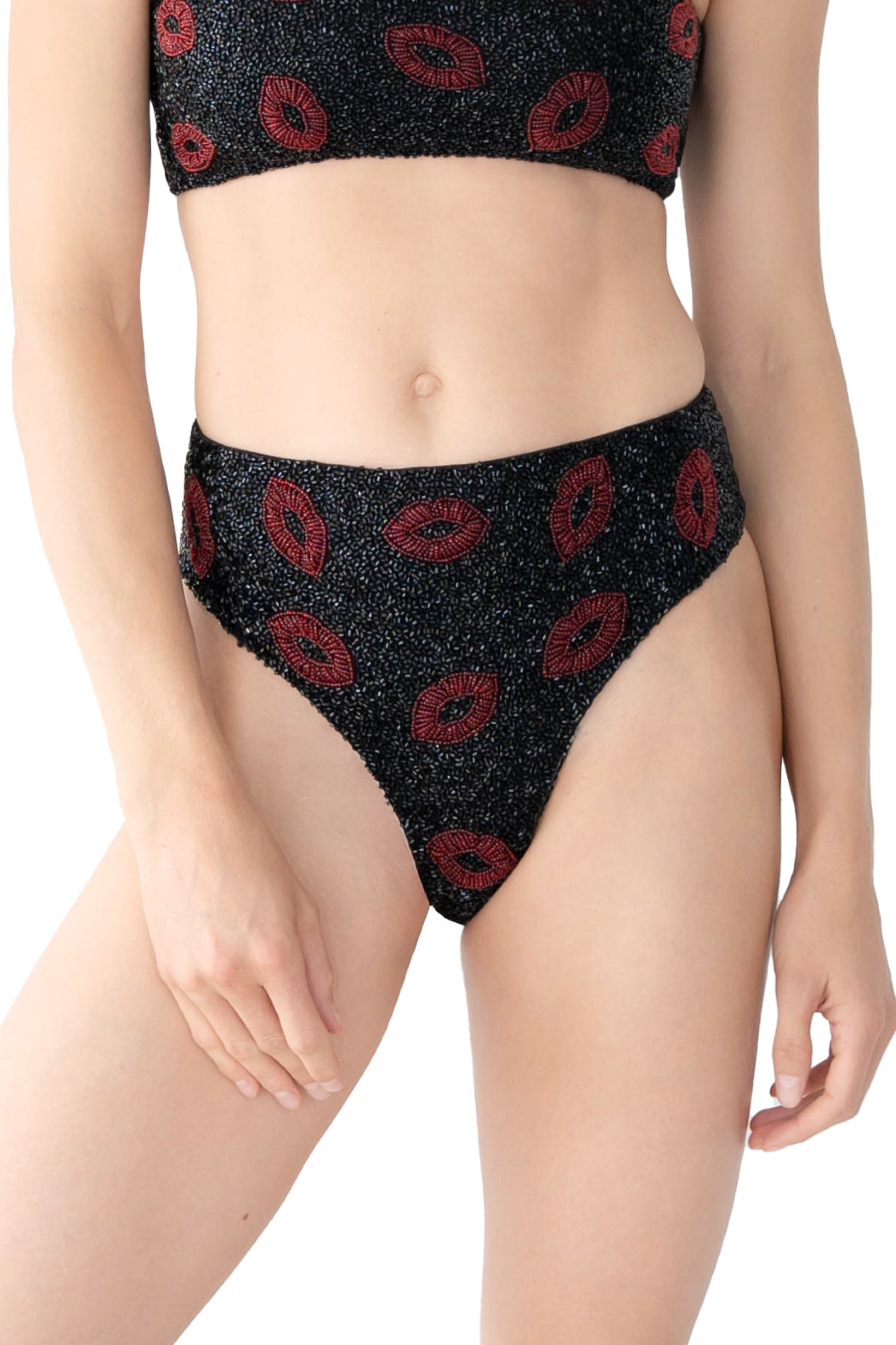 Kiss Hand-Beaded Embellished High-waisted Bikini Bottom - Black