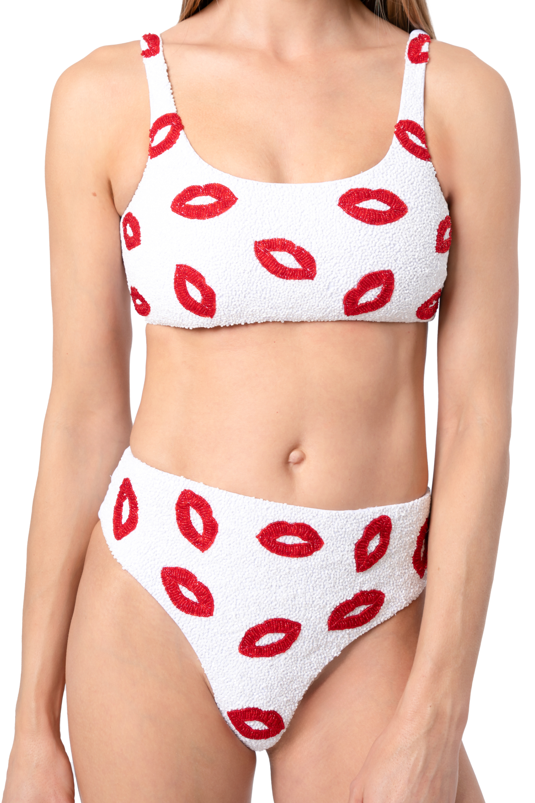 Kiss Hand-Beaded Embellished Bikini Top - White