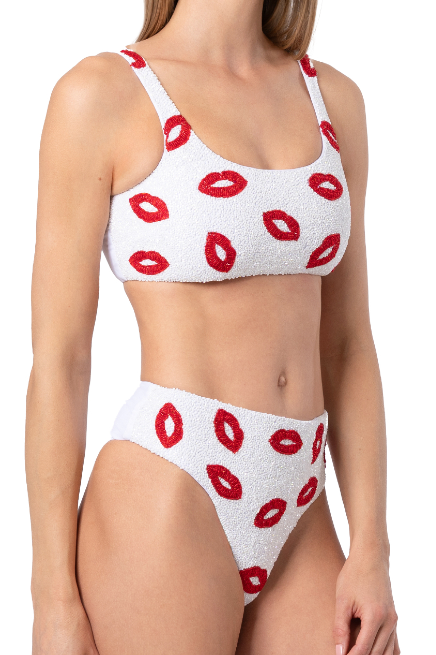 Kiss Hand-Beaded Embellished Bikini Top - White