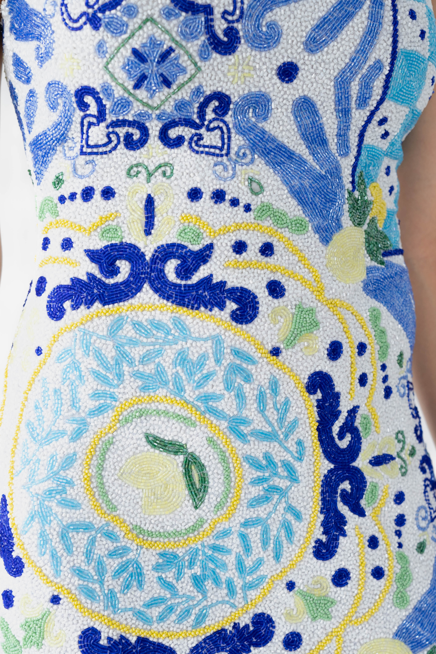 Limoncello Hand-Beaded Embellished Mini Dress - White/Blue