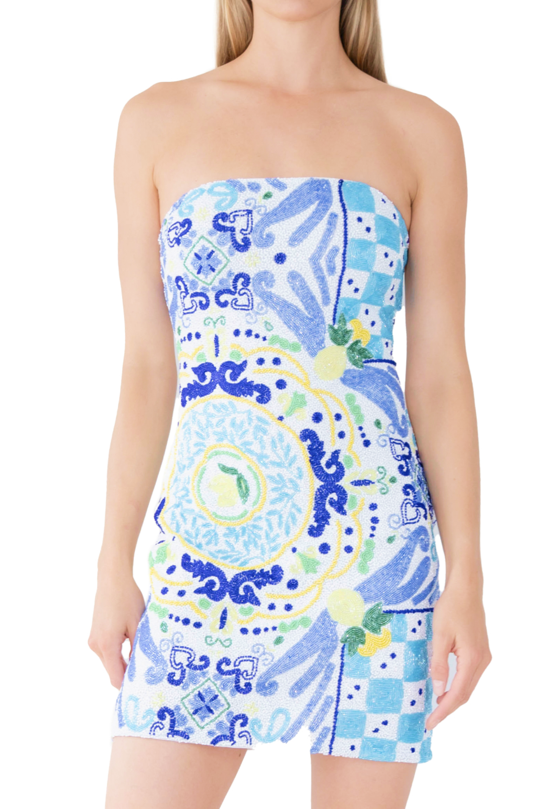 Limoncello Hand-Beaded Embellished Mini Dress - White/Blue