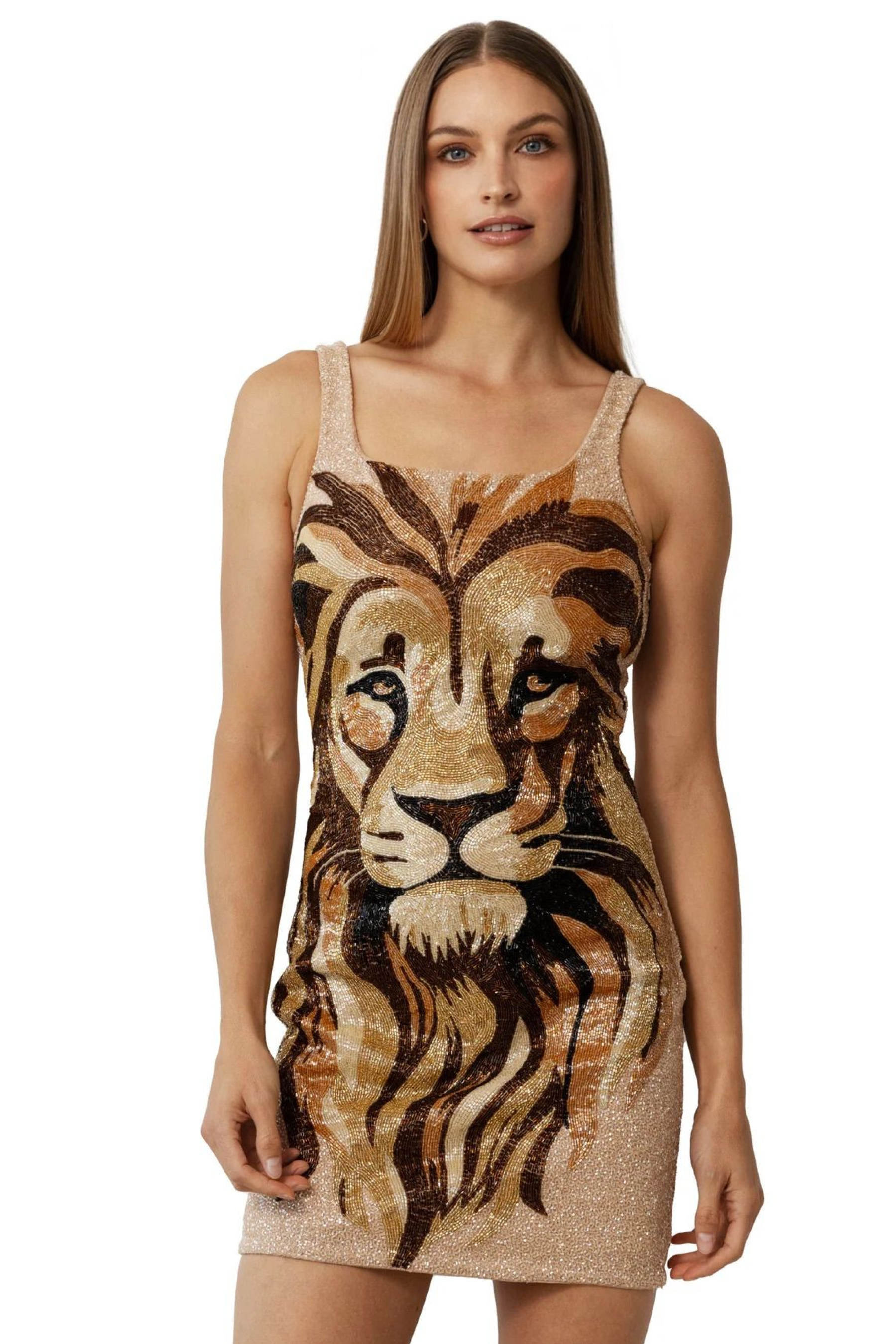Lion Hand-Beaded Embellished Mini Dress