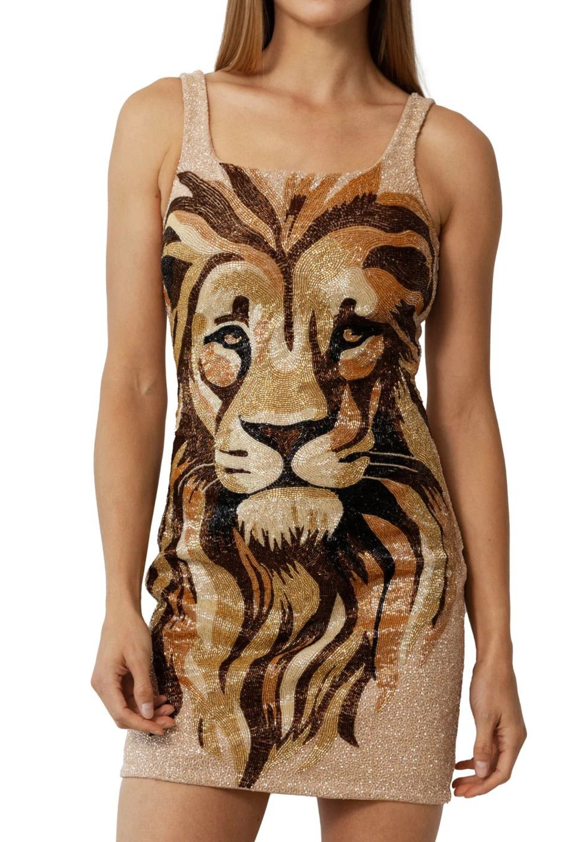 Lion Hand-Beaded Embellished Mini Dress