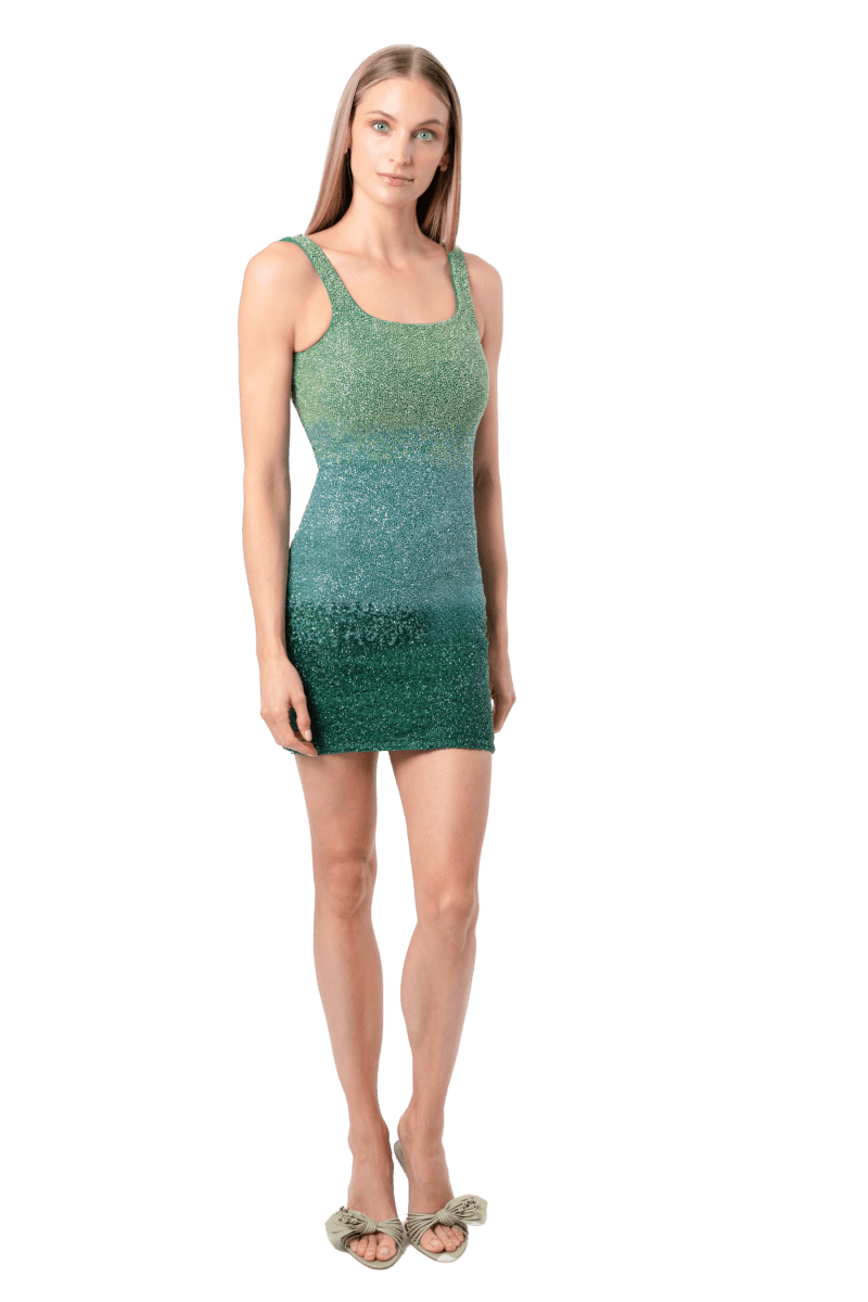 Ombre Hand - Beaded Embellished Mini Dress - Green - Self - Adore
