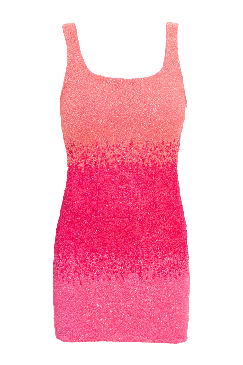 Ombre Hand - Beaded Embellished Mini Dress - Orange/Pink - Self - Adore