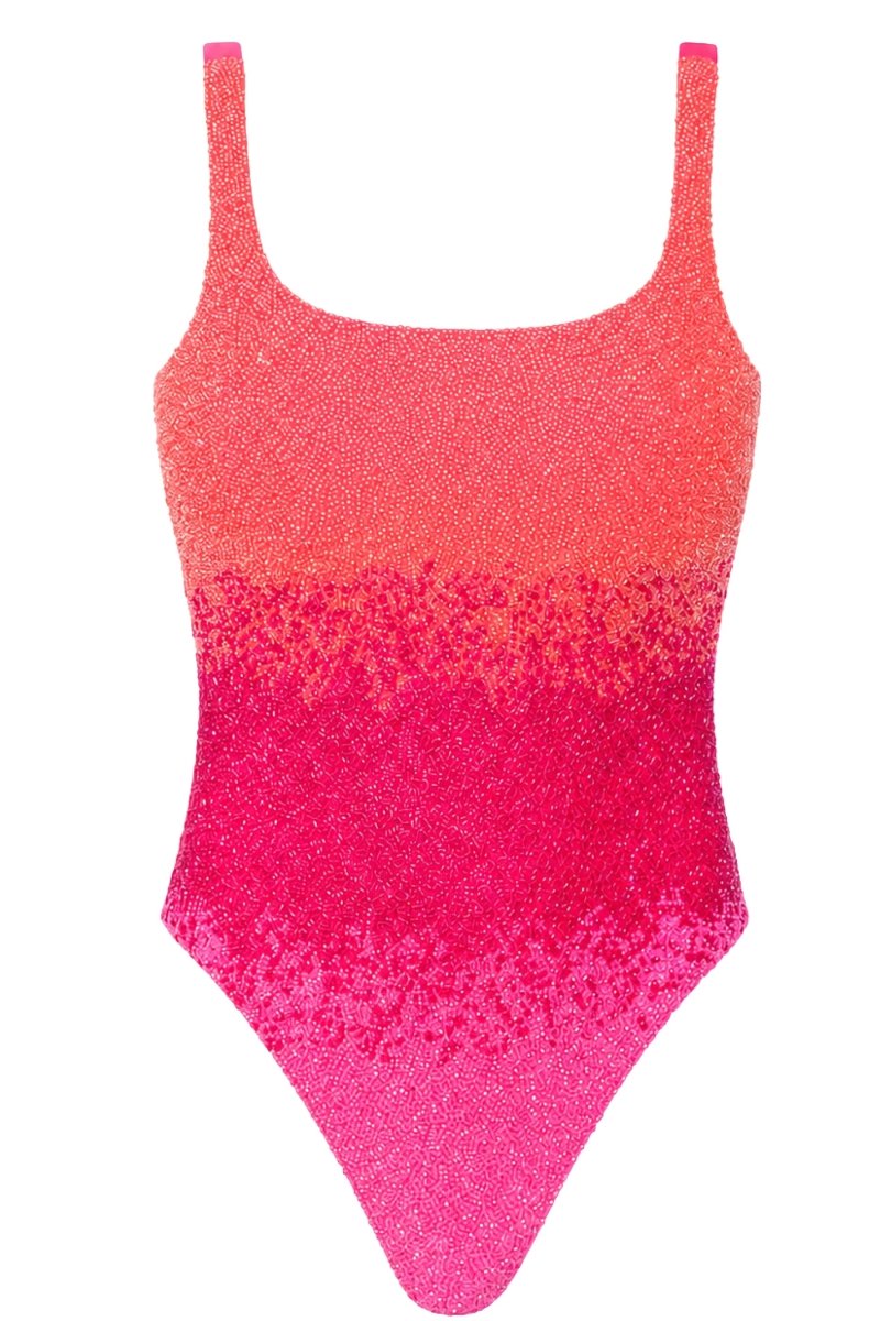 Ombre Hand-Beaded Embellished One-Piece Swimsuit - Orange/Pink - Self-Adore