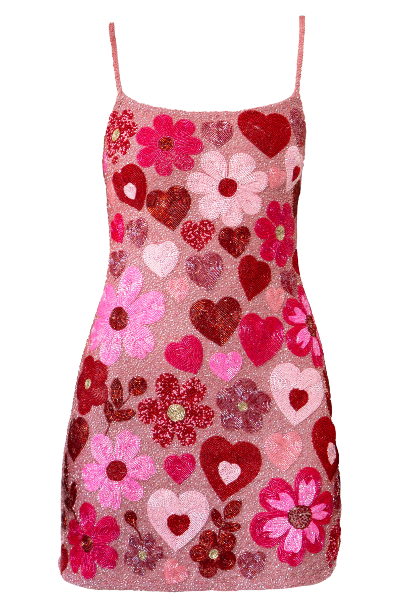Pink Bouquet Hand - Beaded Embellished Mini Dress - Self - Adore