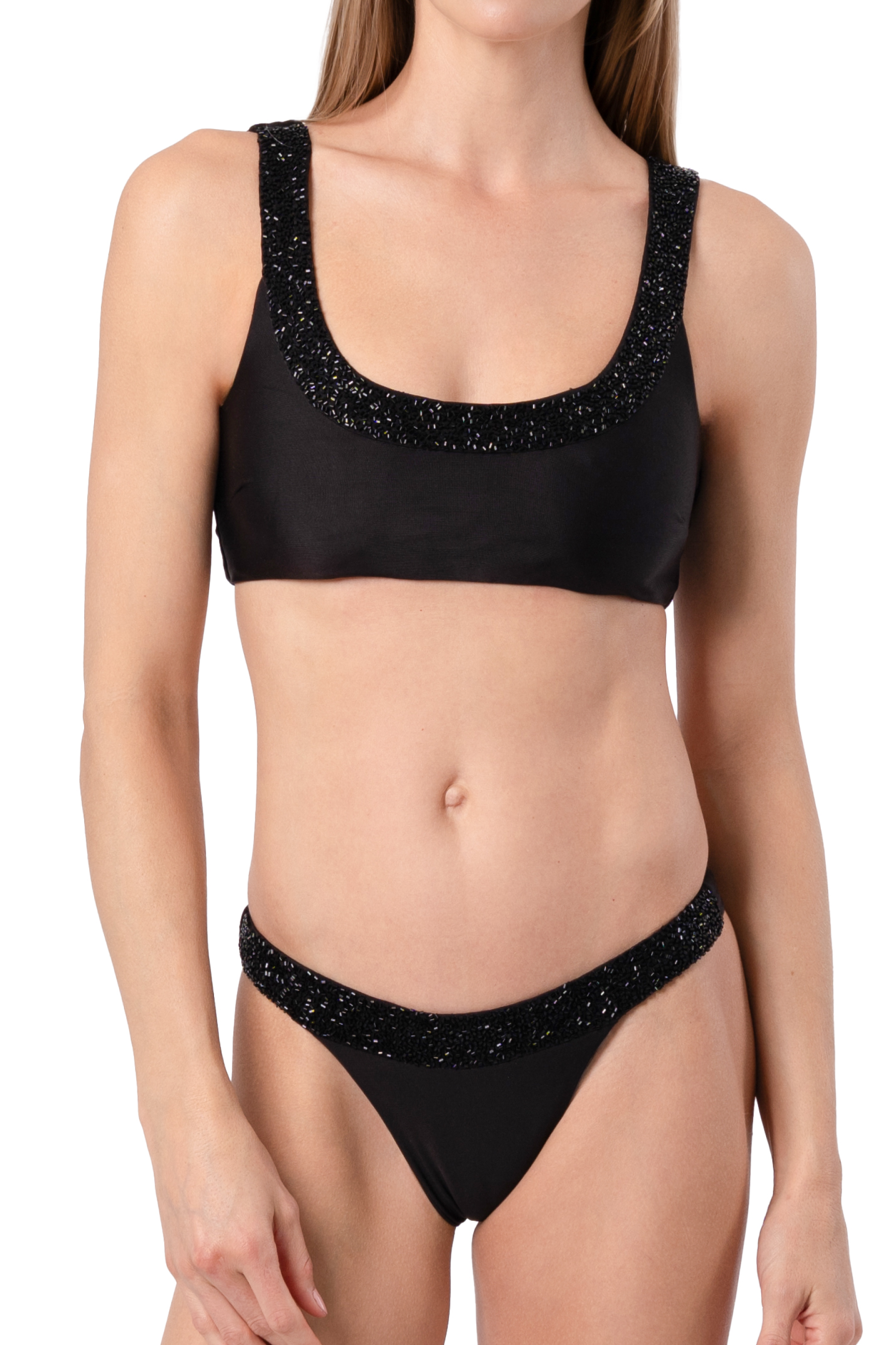 Zenya Hand-Beaded Embellished Bikini Top - Black