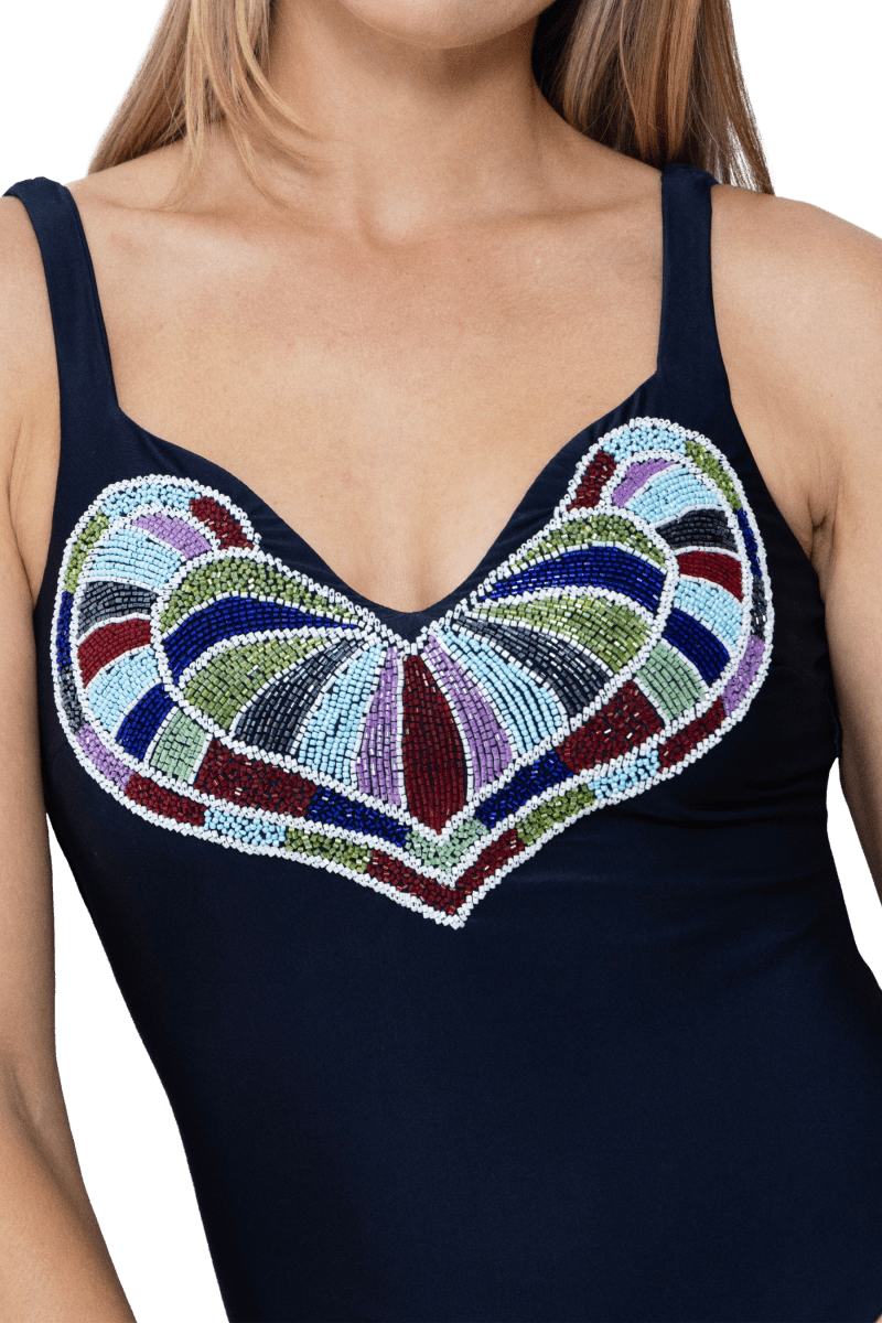 Amor Hand - Beaded Embellished One - Piece Swimsuit - Navy - Self - Adore