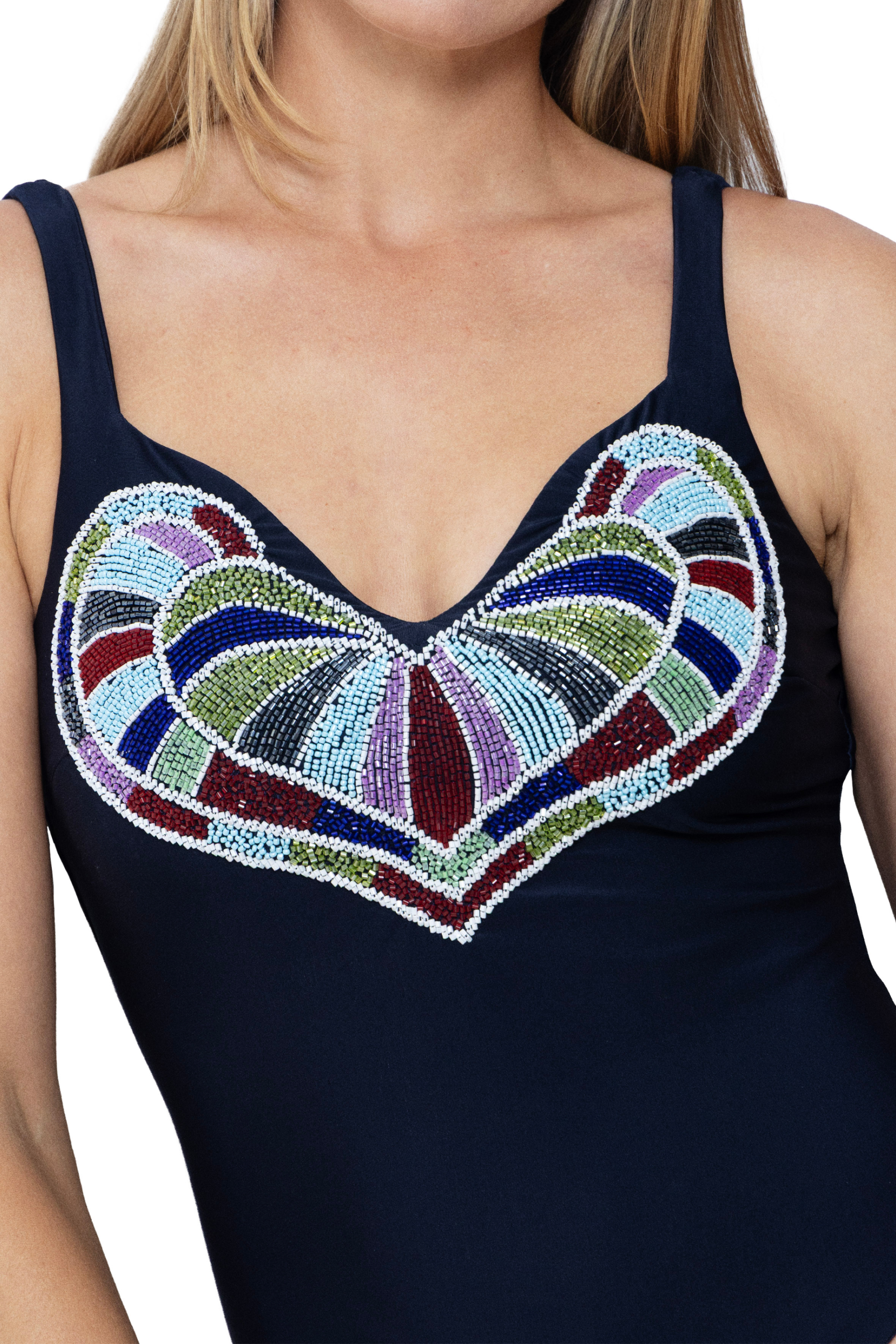 Amor Hand-Beaded Embellished One-Piece Swimsuit - Navy