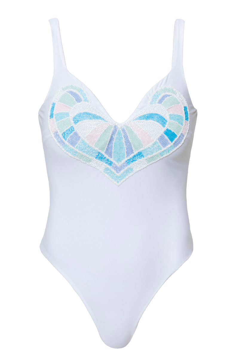 Amor Hand - Beaded Embellished One - Piece Swimsuit - White - Self - Adore