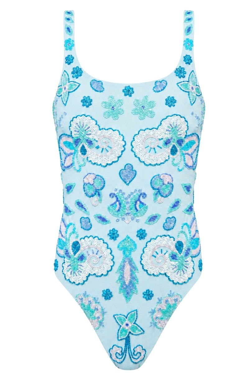Floral Fiesta Hand-Beaded Embellished One-Piece Swimsuit- Baby Blue - Self-Adore