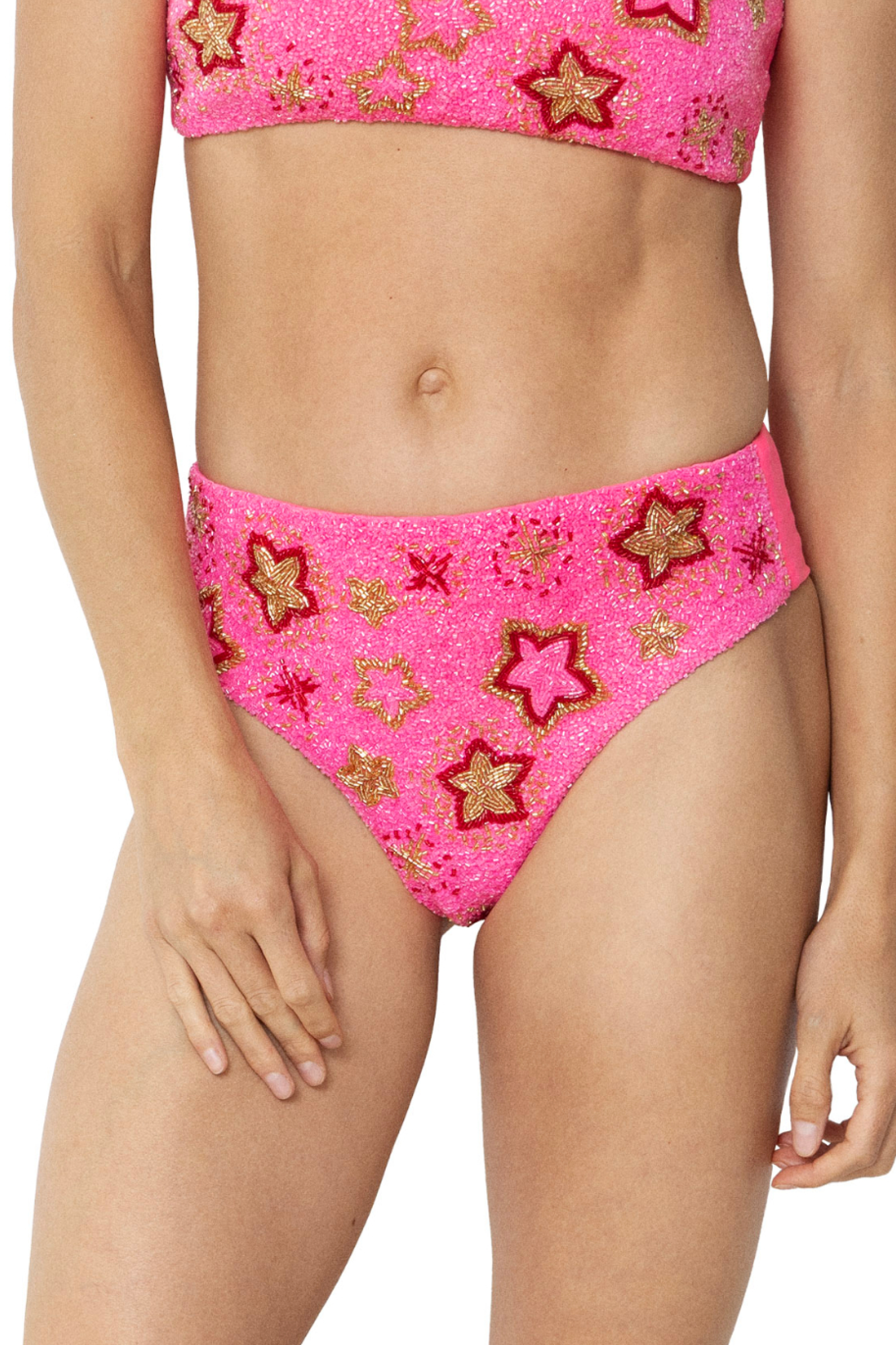 Celeste Hand-Beaded Embellished High-Waisted Bikini Bottom - Hot Pink