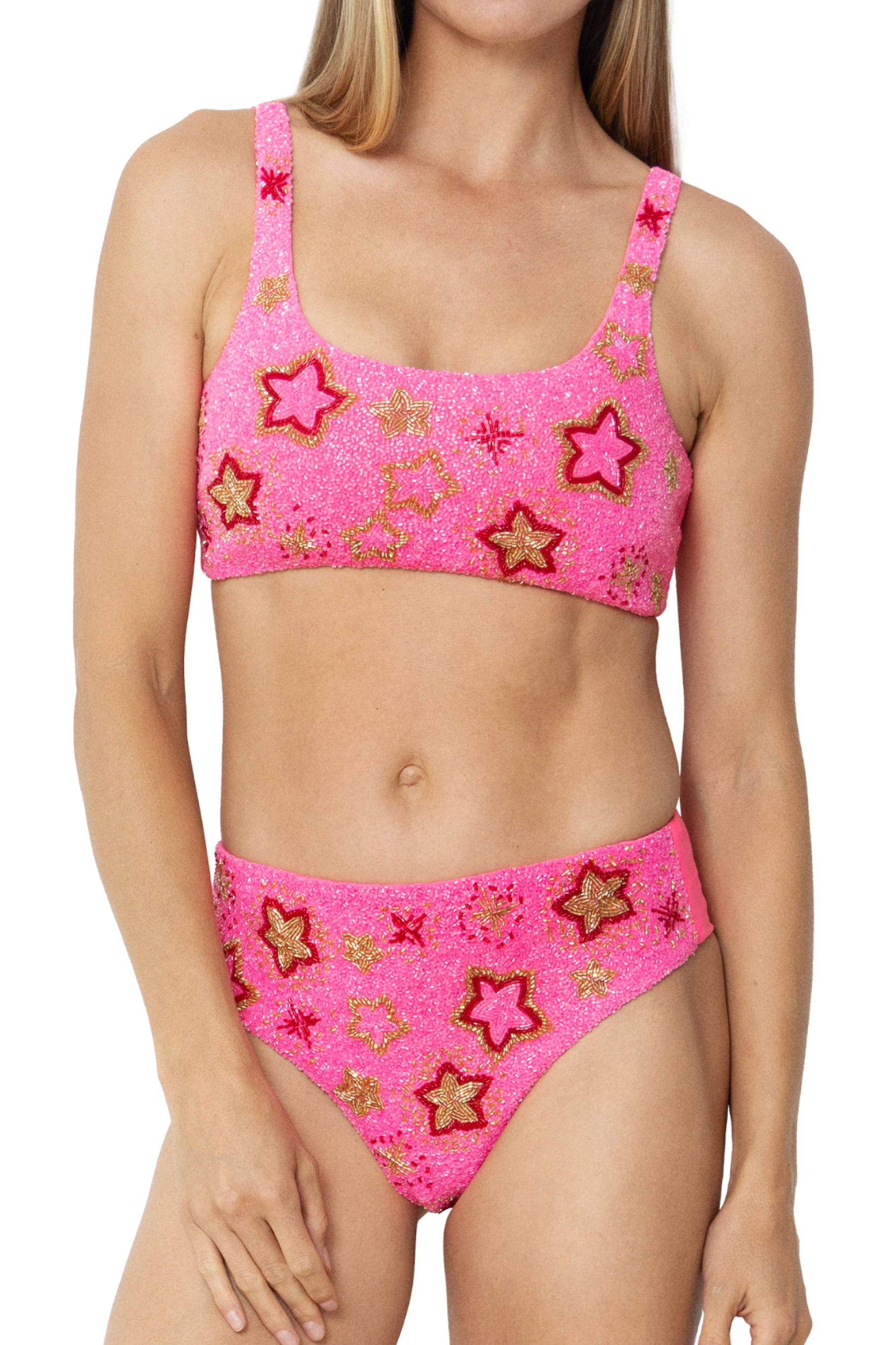 Celeste Hand-Beaded Embellished Bikini Top - Hot Pink