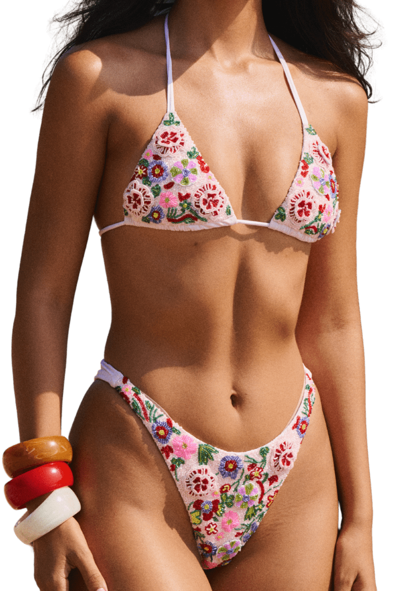 Fleur 3D Hand - Beaded Embellished Bikini Top - Pale Pink - Self - Adore