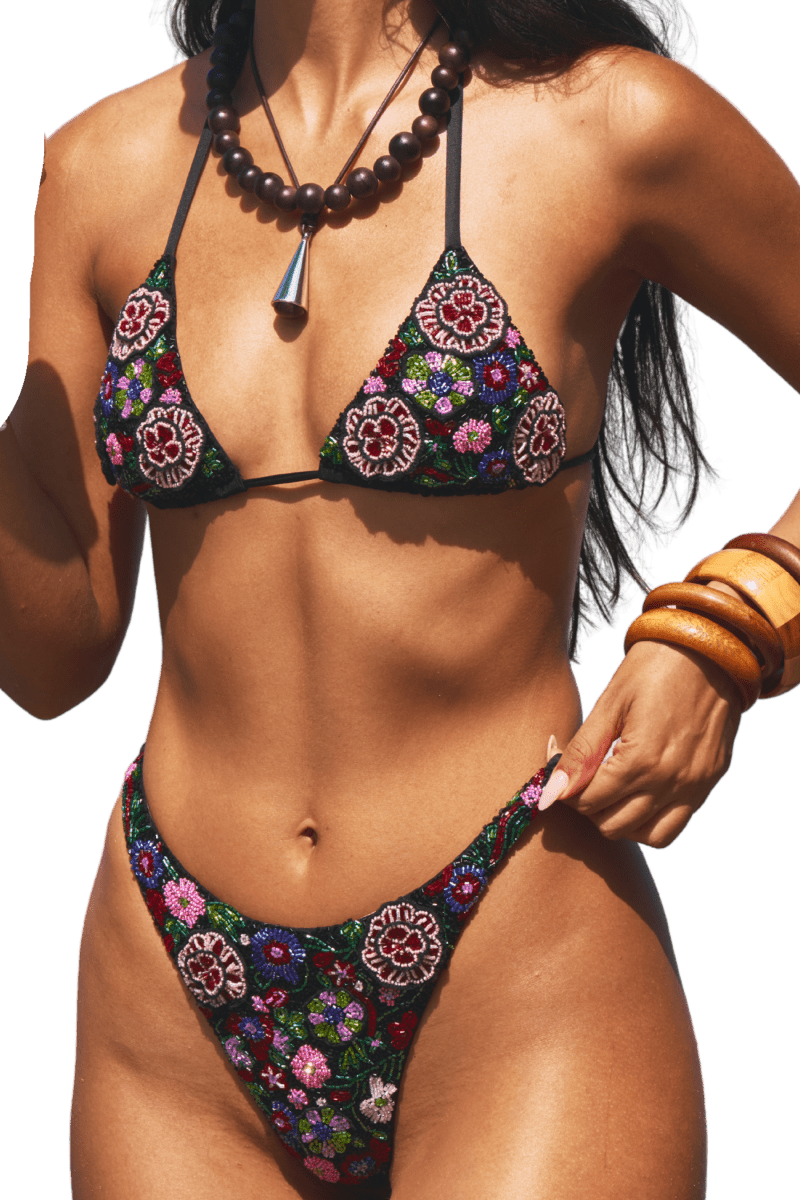 Fleur 3D Hand - Beaded Embellished Bikini Top - Black - Self - Adore
