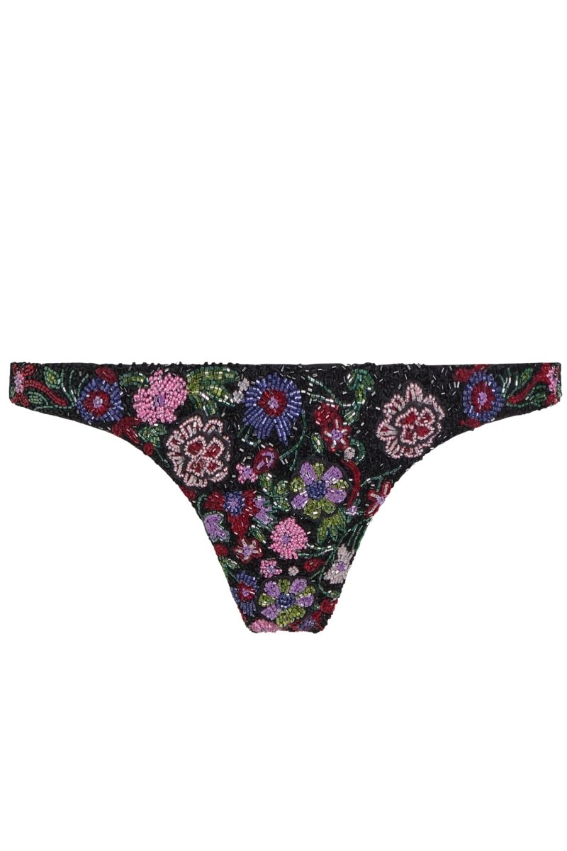 Fleur 3D Hand-Beaded Embellished Bikini Bottom - Black - Self-Adore