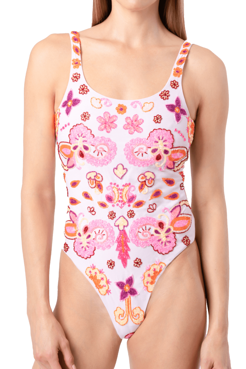 Floral Fiesta Hand - Beaded Embellished One - Piece Swimsuit - Pale Pink - Self - Adore