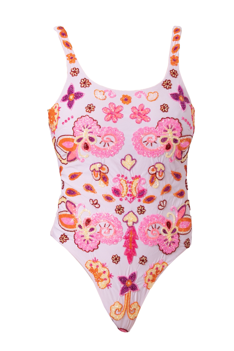 Floral Fiesta Hand - Beaded Embellished One - Piece Swimsuit - Pale Pink - Self - Adore