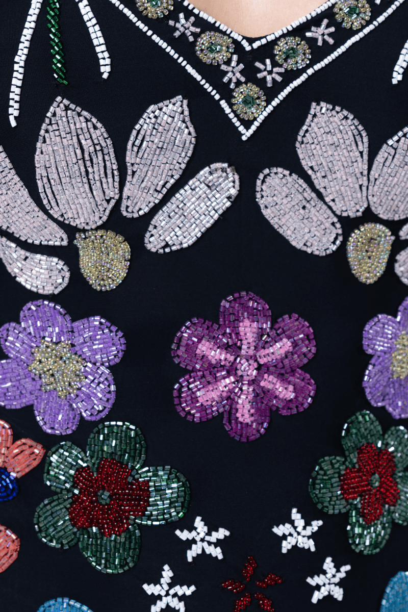 Flower Hand - Beaded Embellished One - Piece Swimsuit - Black - Self - Adore