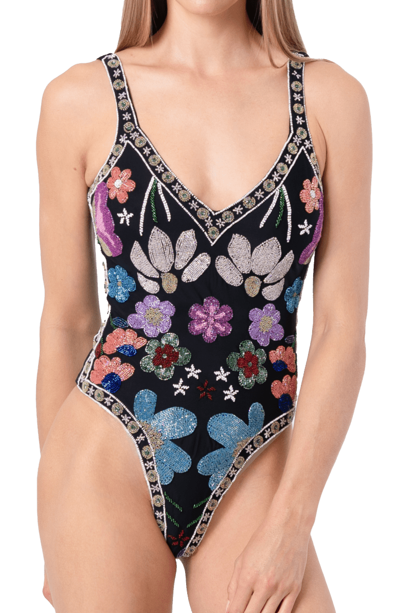 Flower Hand - Beaded Embellished One - Piece Swimsuit - Black - Self - Adore