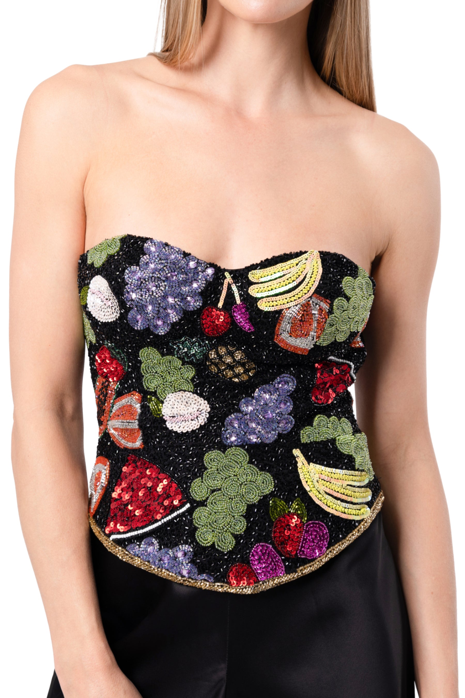 Fruit Hand-Beaded Embellished Corset Top - Black