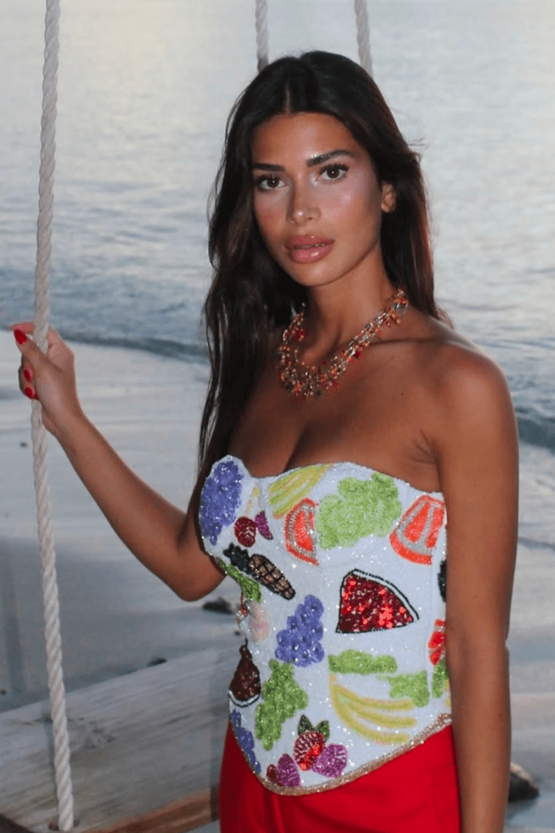 Fruit Hand - Beaded Embellished Corset Top - White - Self - Adore