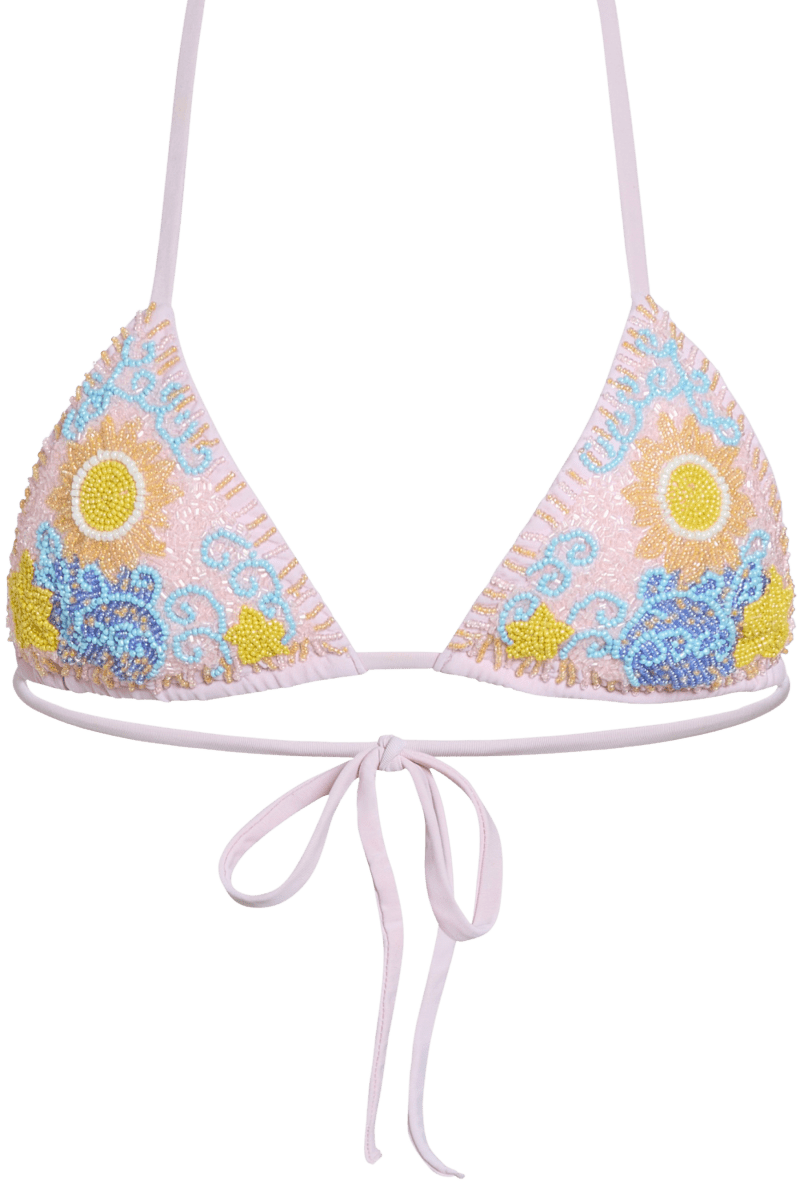 High Tide Hand-Beaded Embellished Triangle Bikini Top - Pale Pink - Self-Adore