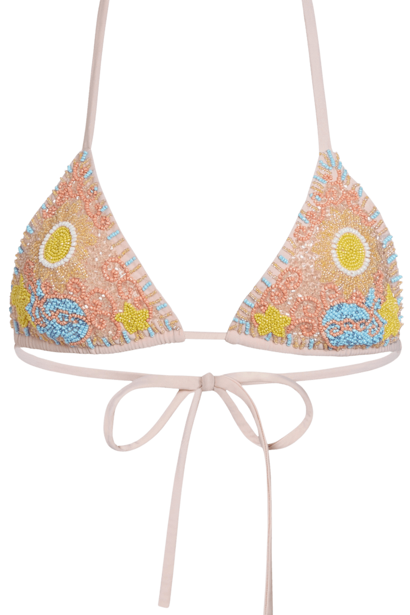 High Tide Hand-Beaded Embellished Triangle Bikini Top - Sand - Self-Adore