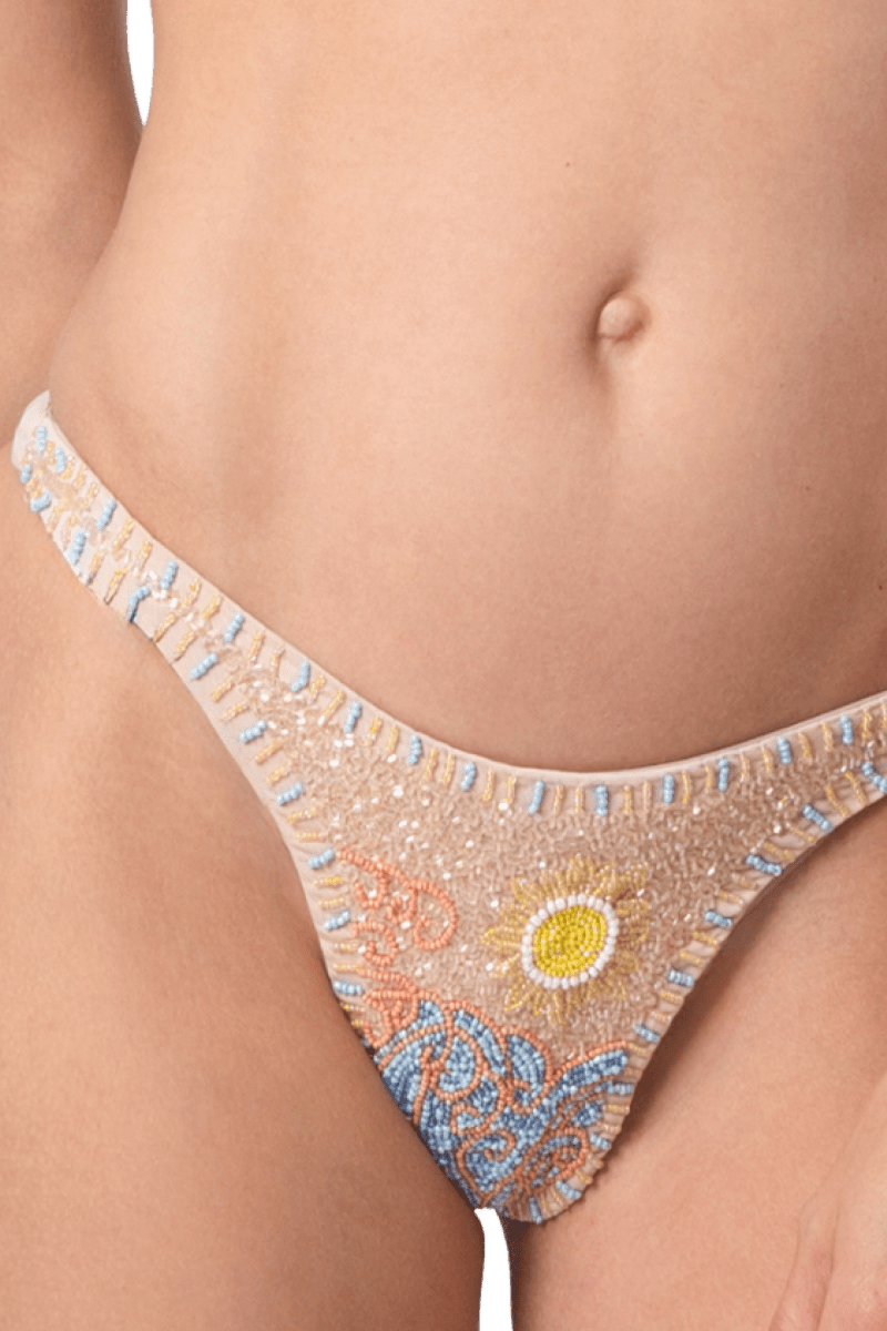 High Tide Hand - Beaded Embellished Bikini Bottom - Sand - Self - Adore